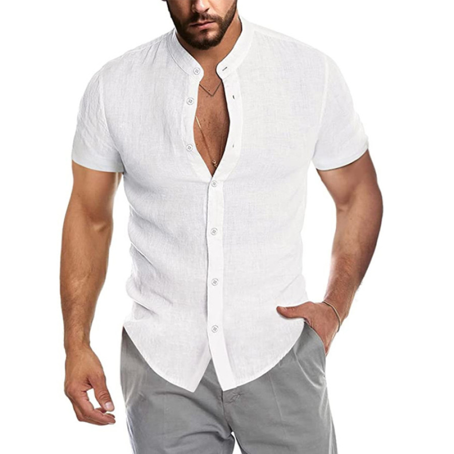 

Men's Casual Loose V Neck Linen Short Sleeve Shirt