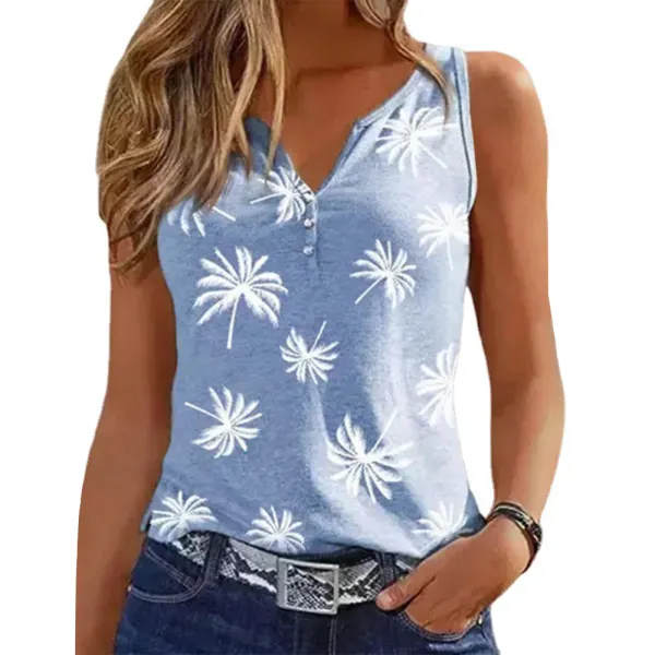 Women's Coconut Tree Print Henley Collar Tank Top - Honeylop.chimpone.com 