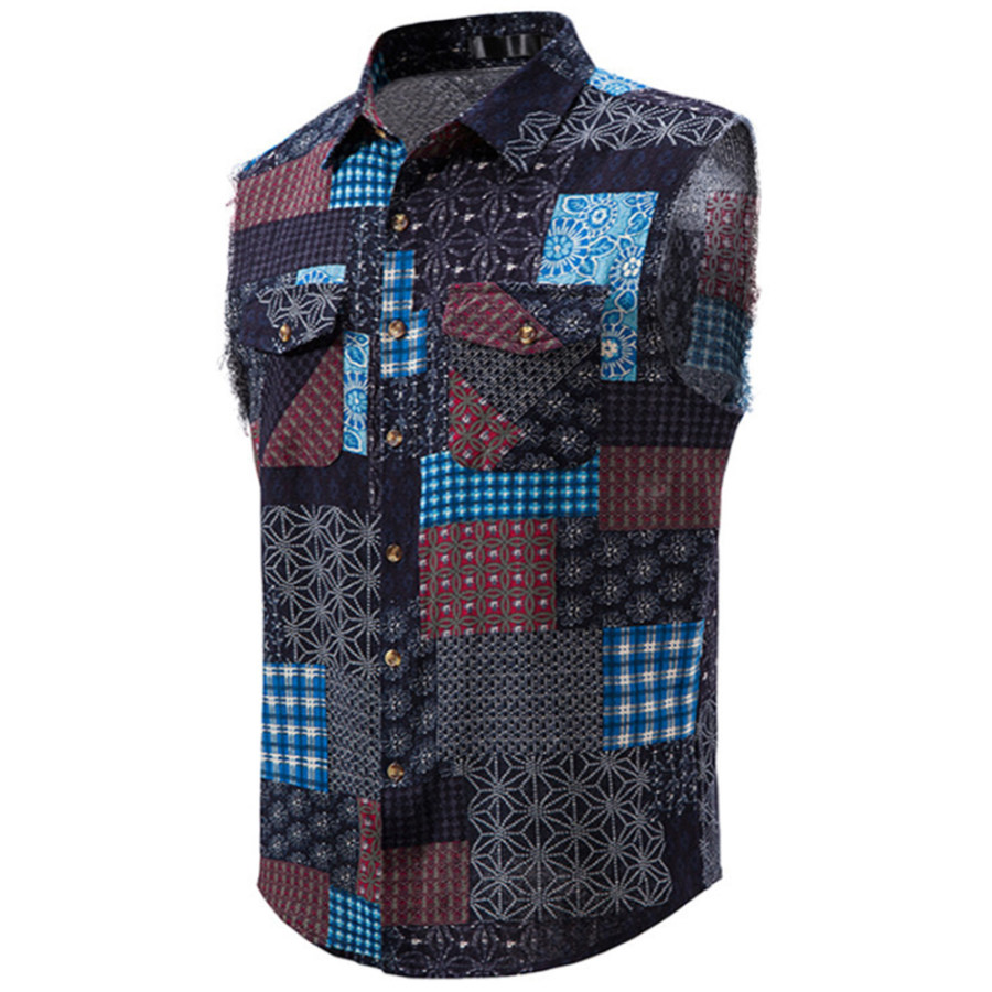 

Men's Vintage Ethnic Color Block Sleeveless Shirt