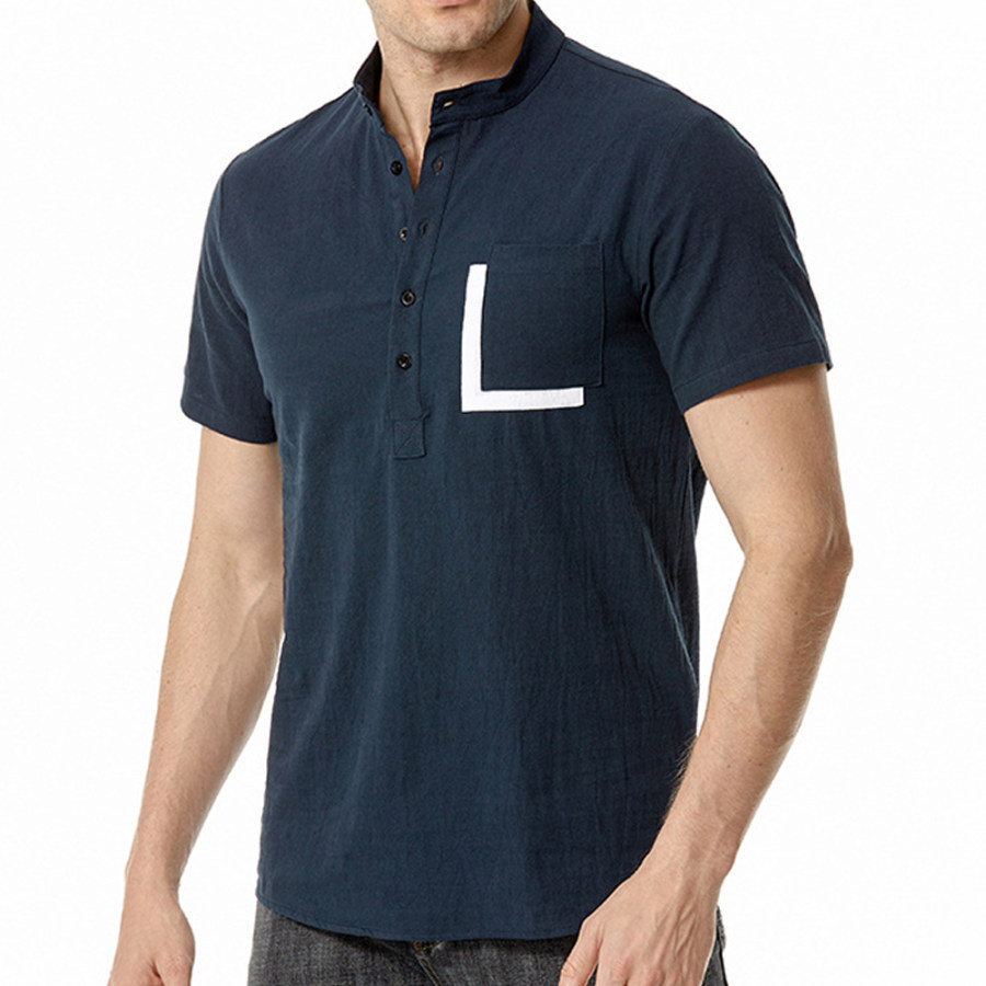 

Men's Casual Colorblock Pocket Cotton Linen Henley Collar Shirt