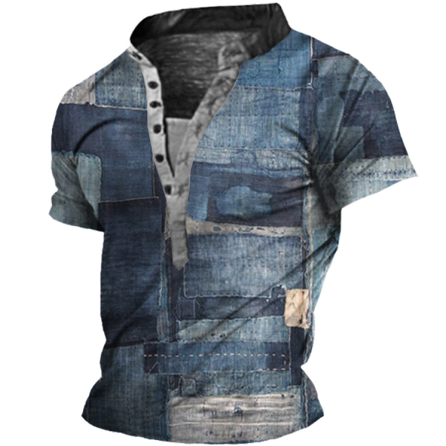 

Men's Vintage Denim Print Henley Collar T-Shirt