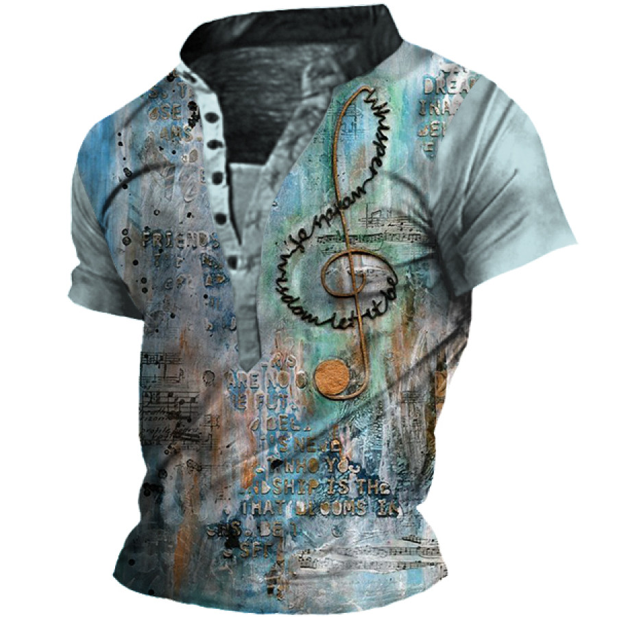 

Men's Vintage Musical Note Print Henley Collar T-Shirt