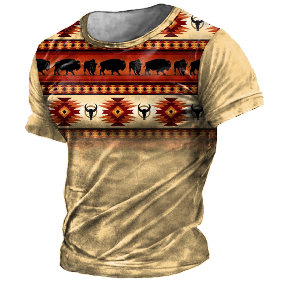 

Men's Vintage Western Ethnic Print Crew Neck T-Shirt