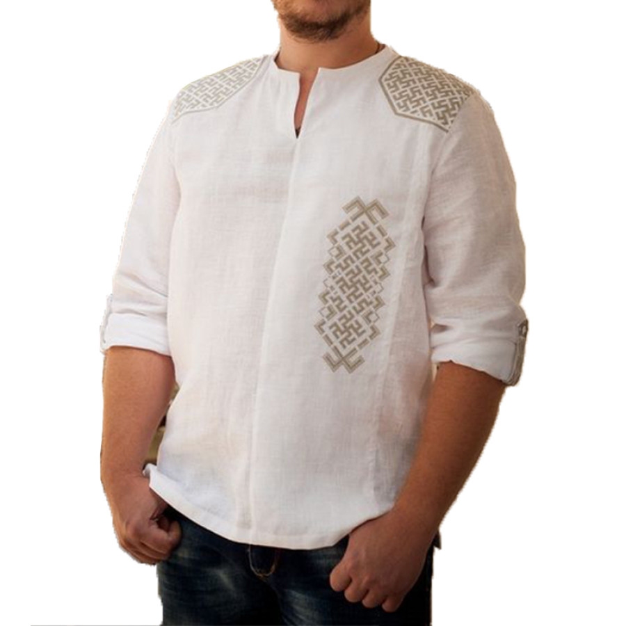 

Men's Casual Loose Printed Cotton Linen Long Sleeve Shirt