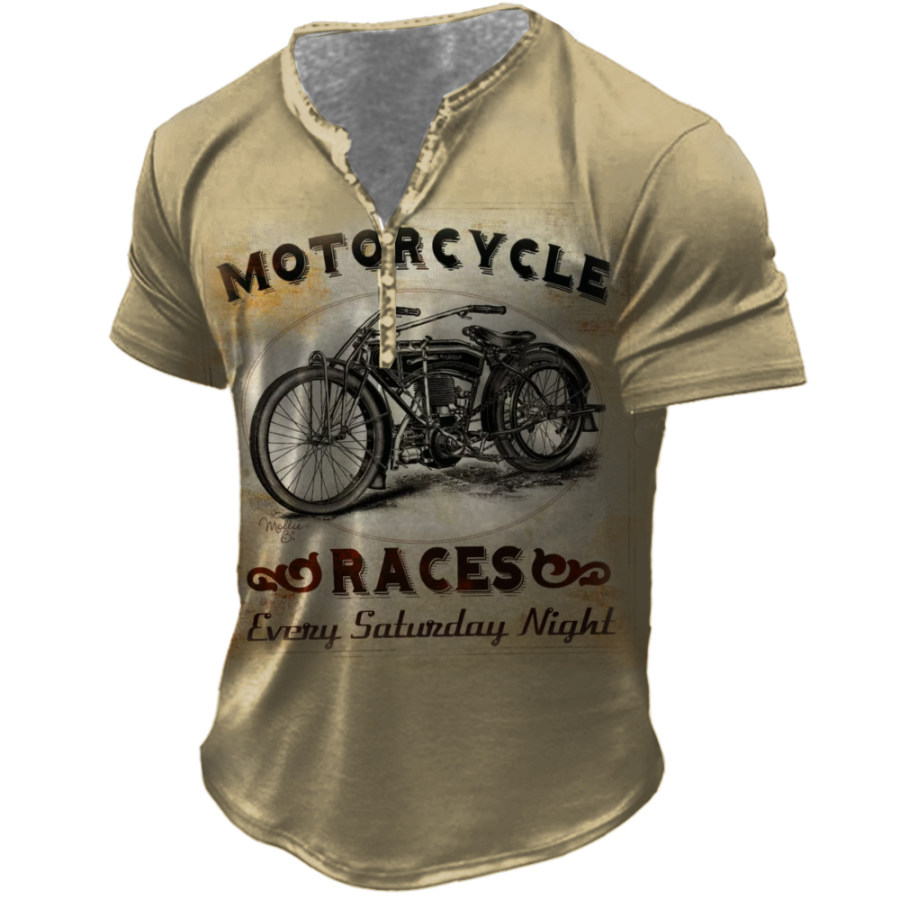 

Men's Vintage Motorcycle Race Print Henley Collar T-Shirt