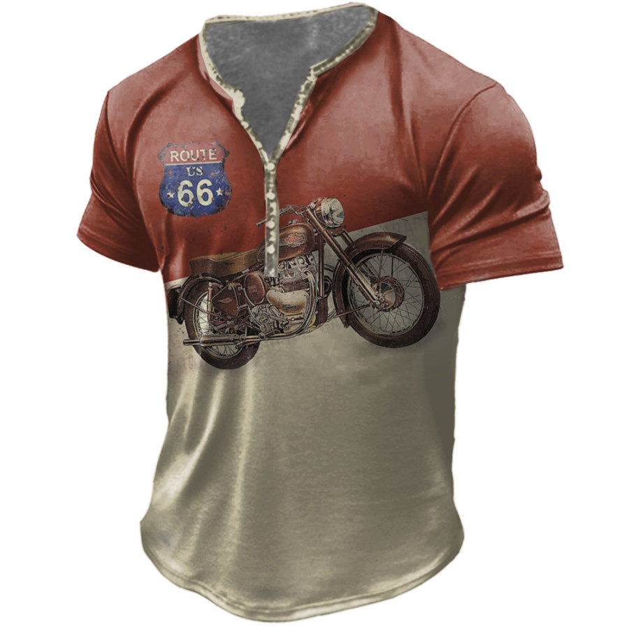 

Men's Vintage Motorcycle Route 66 Print Henley Collar T-Shirt