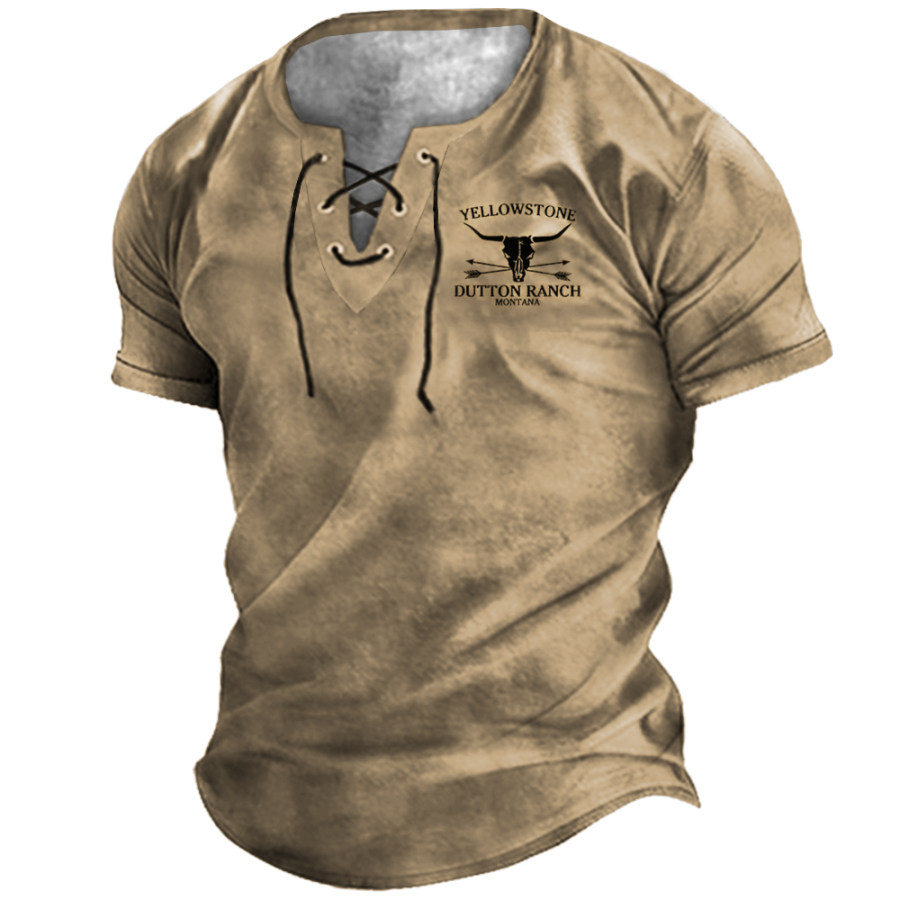 

Men's Vintage Yellowstone Contrast Color Print Lace-Up T-Shirt