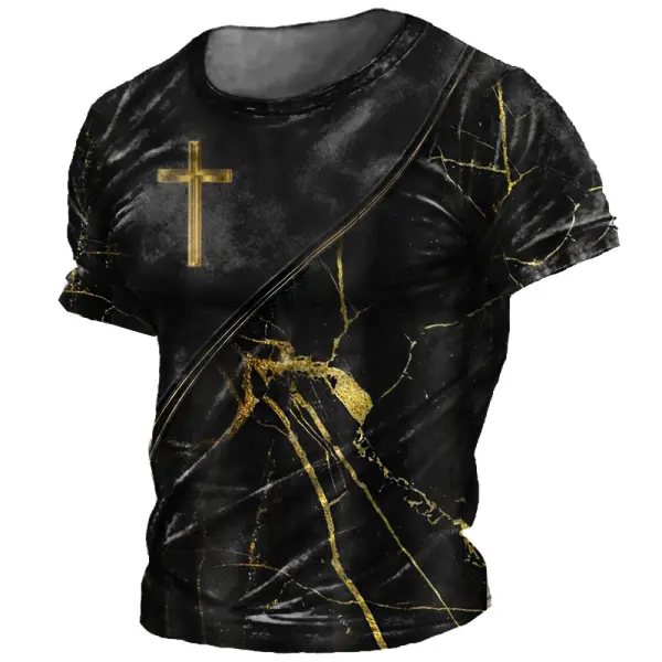 Men's Vintage Jesus Cross Print Crew Neck T-Shirt - Blaroken.com 