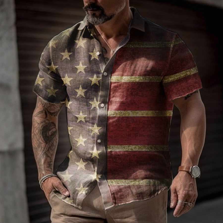 

Camisa De Manga Corta Con Estampado De Bandera Americana Vintage Para Hombre