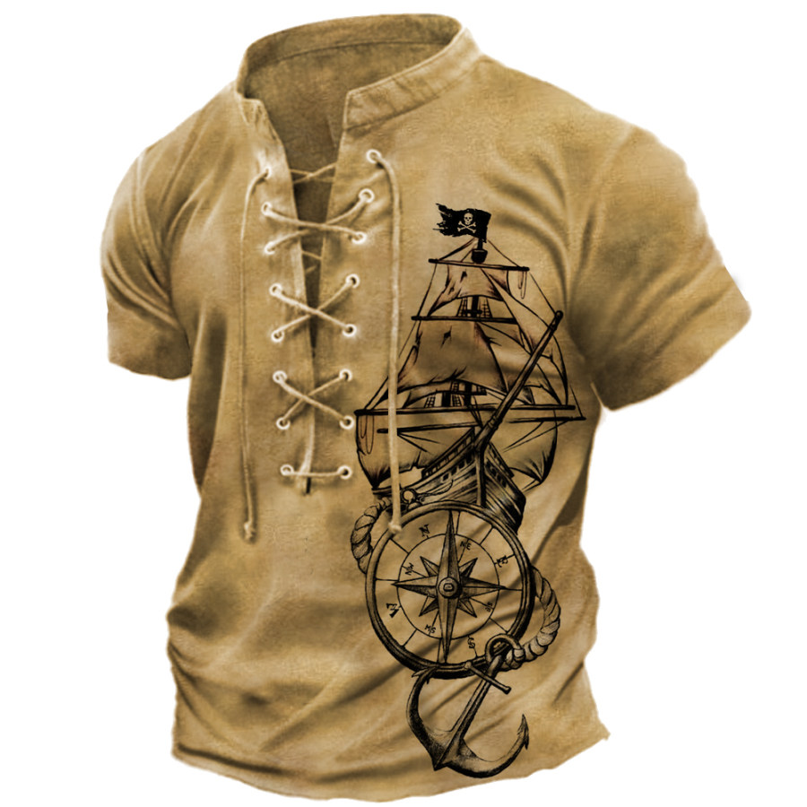 

Men's Vintage Sailing Pirate Anchor Print Tie Collar T-Shirt