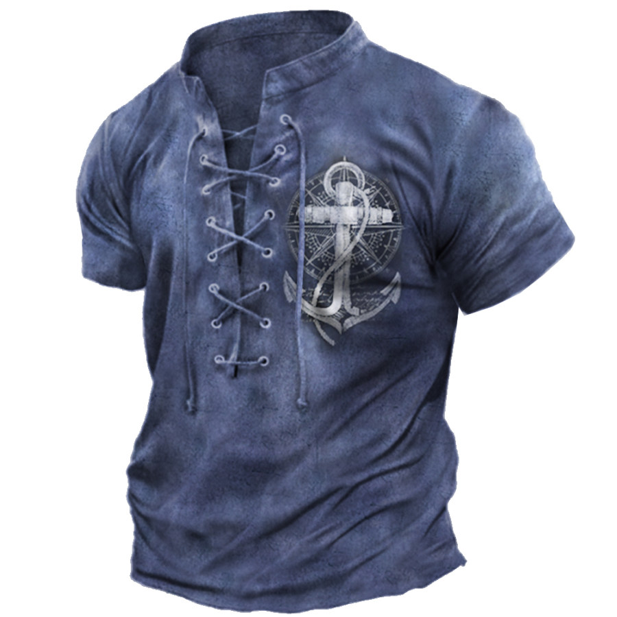 

Men's Vintage Compass Anchor Print Tie Collar T-Shirt