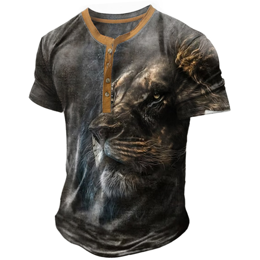 

Men's Vintage Lion Print Henley Collar T-Shirt