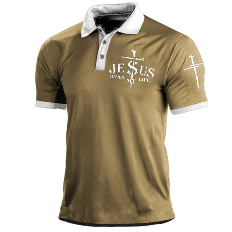 

Men's Vintage Jesus Cross Print Polo Neck T-Shirt