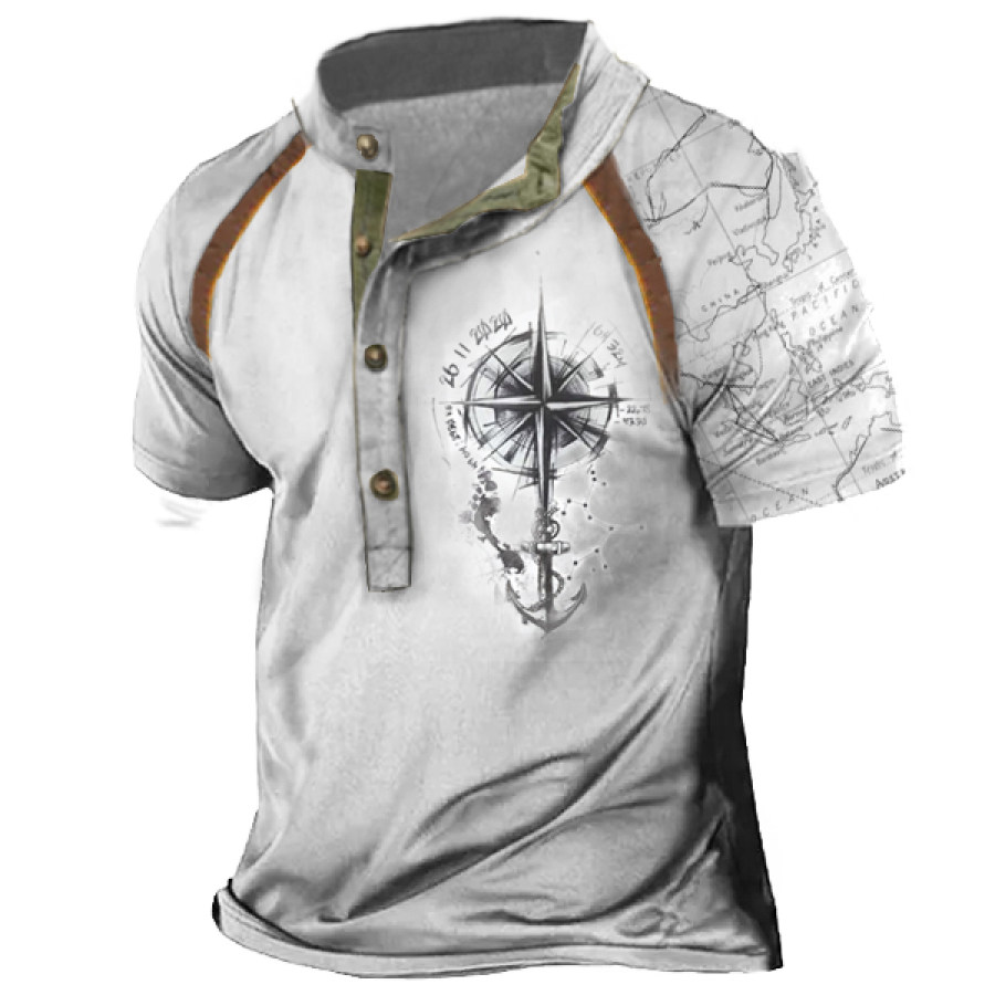 

Men's Vintage Nautical Anchor Print Henley T-Shirt