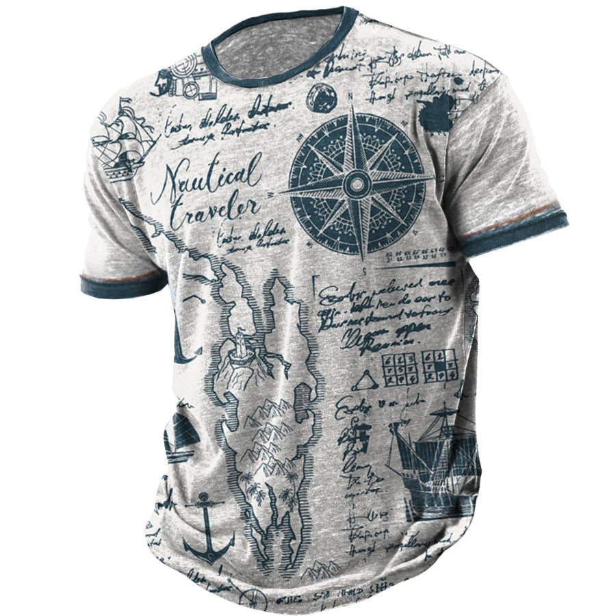 

Camiseta De Cuello Redondo Con Estampado De Brújula De Mapa Náutico Vintage Para Hombre