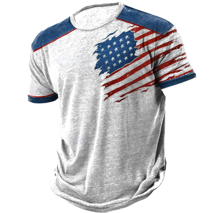 

Men's Vintage American Flag Colorblock Print Crew Neck T-Shirt