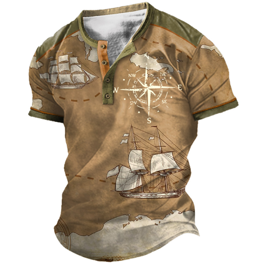 

Men's Vintage Colorblock Nautical Sail Compass Print Henley Neck T-Shirt