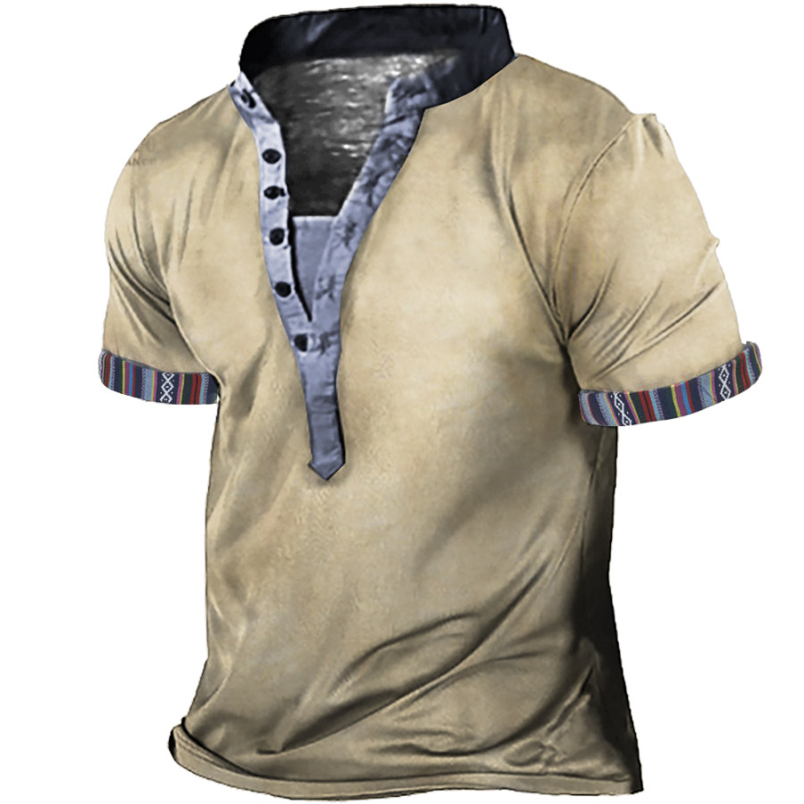 

Men's Vintage Ethnic Panel Print Henley Collar T-Shirt