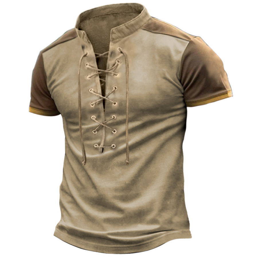 

Men's Short Sleeve T-Shirt Retro Lace Up Colorblock Khaki