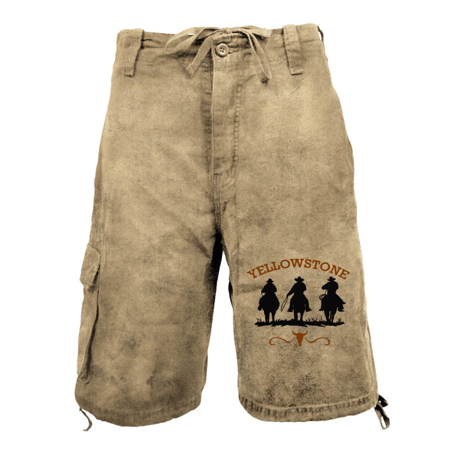 

Men's Cargo Shorts Vintage Western Cowboy Yellowstone Print Multi Pocket Outdoor Shorts Khaki