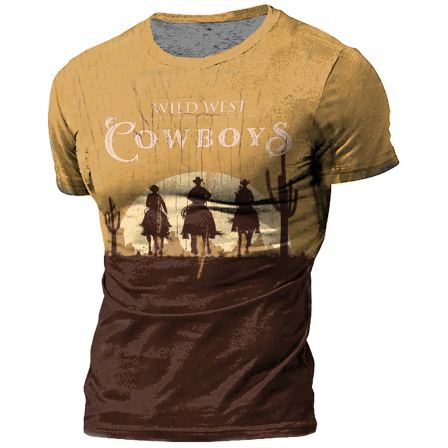 

Men's Vintage American Western Cowboy Yellowstone Print T-Shirt Casual Crew Neck T-Shirt