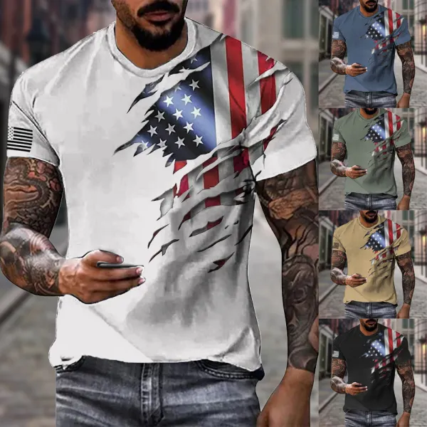 Men's Vintage American Flag 3D Print Crew Neck Casual T-Shirt - Kalesafe.com 