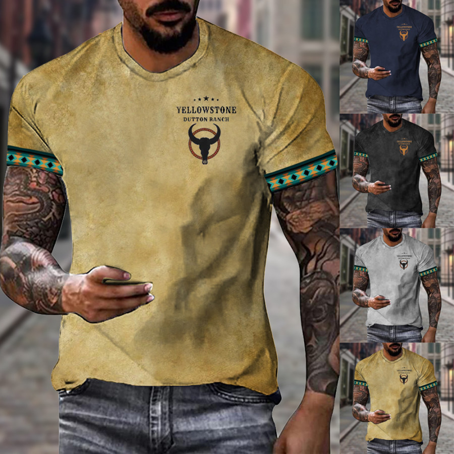 

Men's Vintage American West Yellowstone Printed Round Neck Casual T-Shirt