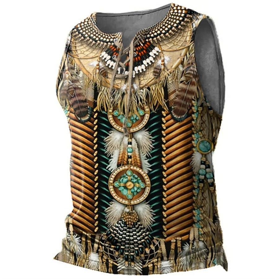 

Men's Tank Top Lace-Up Vintage Ethnic Geometric Pattern Sleeveless Summer Daily Tops Khaki