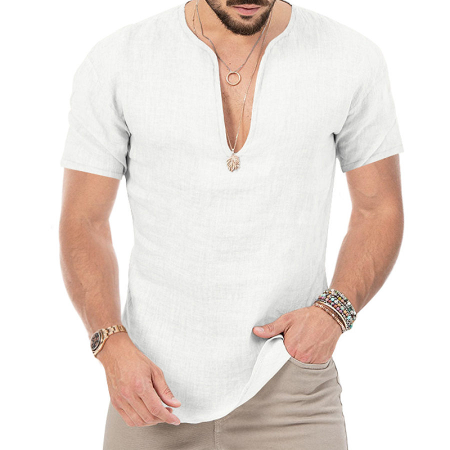 

Men's Loose Casual Top Cotton Linen V-neck Solid Color Short-sleeved Shirt