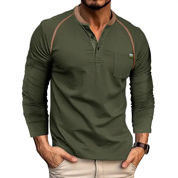 Men's Retro Contrast Henley Collar Long Sleeve T-Shirt - Kalesafe.com 