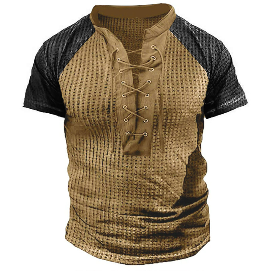 

Men's Vintage Waffle Fabric T-Shirt Tie Henley Collar T-Shirt Contrast Color Splicing Top