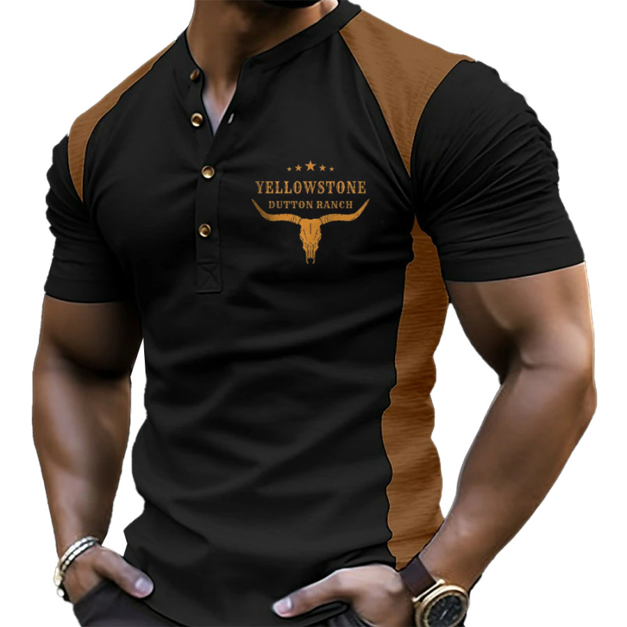 

Men's Vintage Yellowstone Colorblock Henley Collar Casual T-Shirt