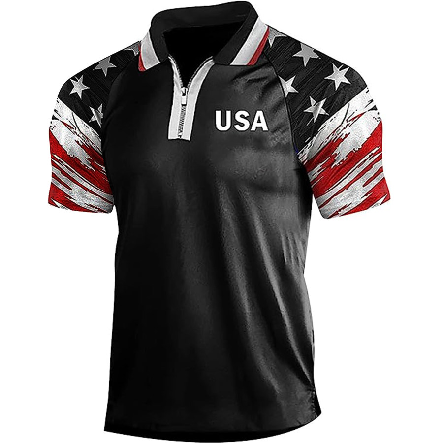 

Men's Vintage American Flag Print Zip Lapel T-Shirt