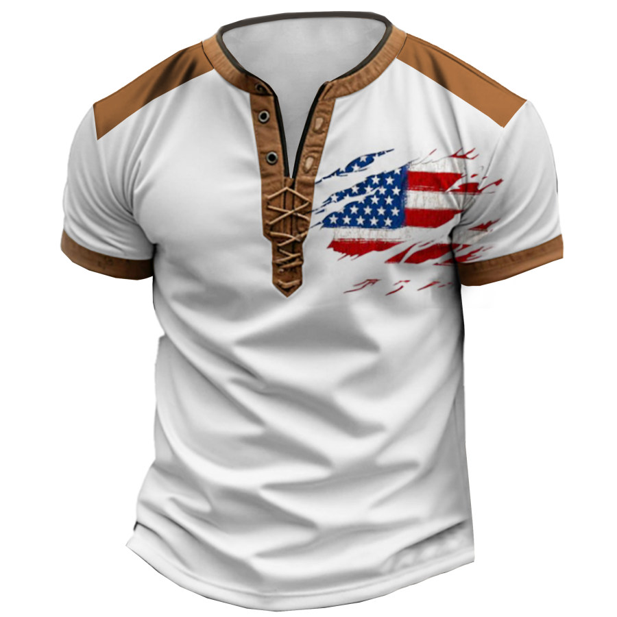 

Men's Retro American Flag Colorblock Print Tie-Tie Stand Collar T-Shirt