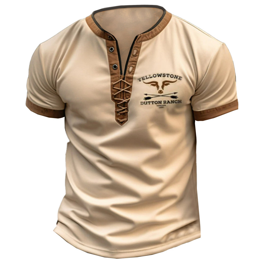 

Men's Vintage American West Yellowstone Print Tie Stand Collar T-Shirt