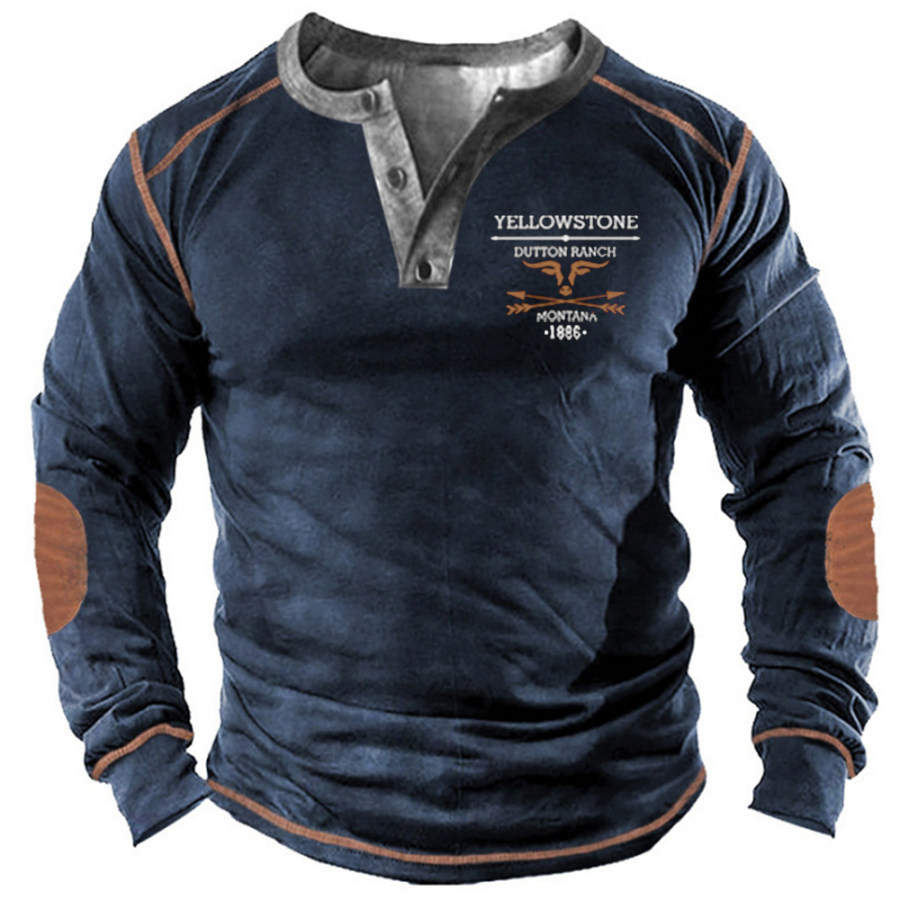 

Men's Vintage American Western Yellowstone Print Henley Collar Long Sleeve T-Shirt