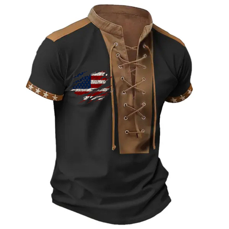 

Men's Outdoor Casual Flag Print Vintage Lace Up Casual Short Sleeve T-Shirt