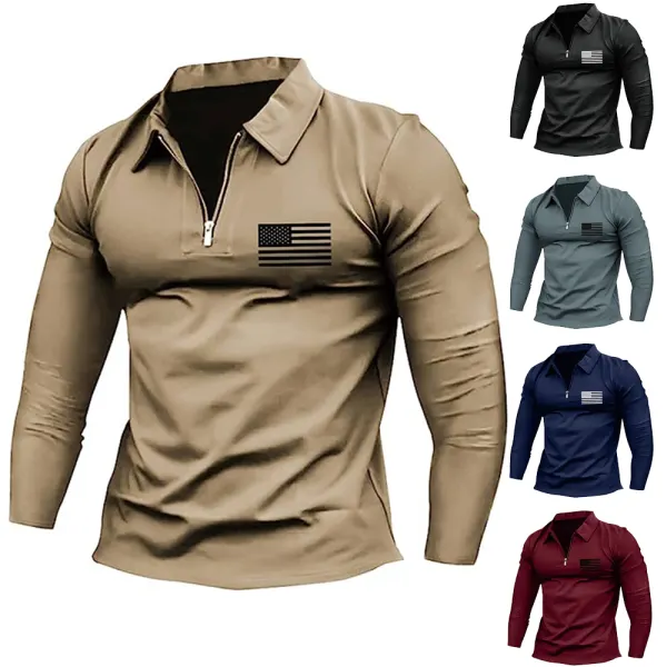 Men's Vintage American Flag Print Zip Lapel Long Sleeve T-Shirt - Cotosen.com