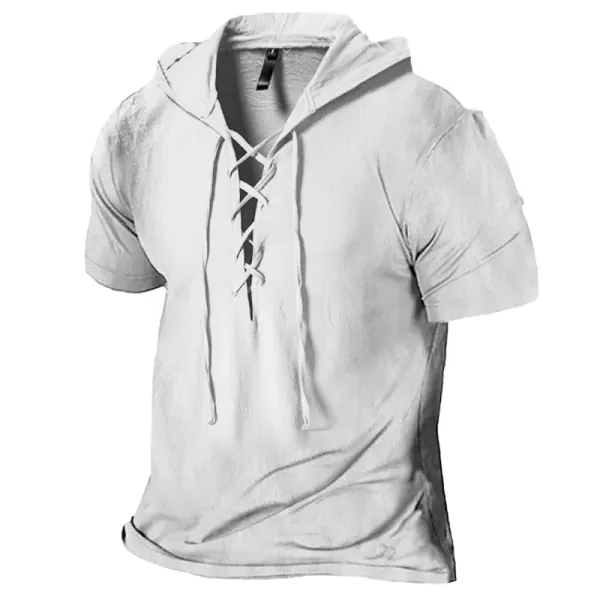 Men's Vintage Linen Hoodied Collar Short Sleeve T-Shirt - Kalesafe.com 