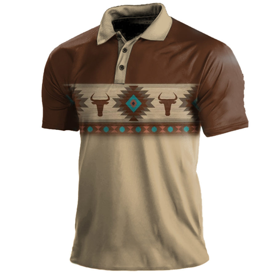 

Men's Vintage American West Yellowstone Cowboy Print Polo Neck T-Shirt