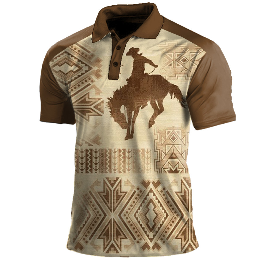 

Men's Vintage American West Yellowstone Cowboy Print Polo Neck T-Shirt