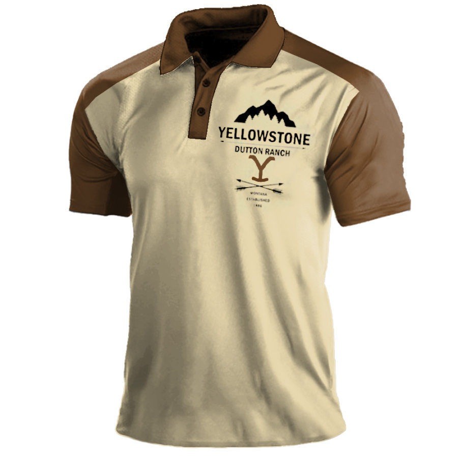 

Men's Vintage American West Yellowstone Cowboy Print Polo Neck T-Shirt