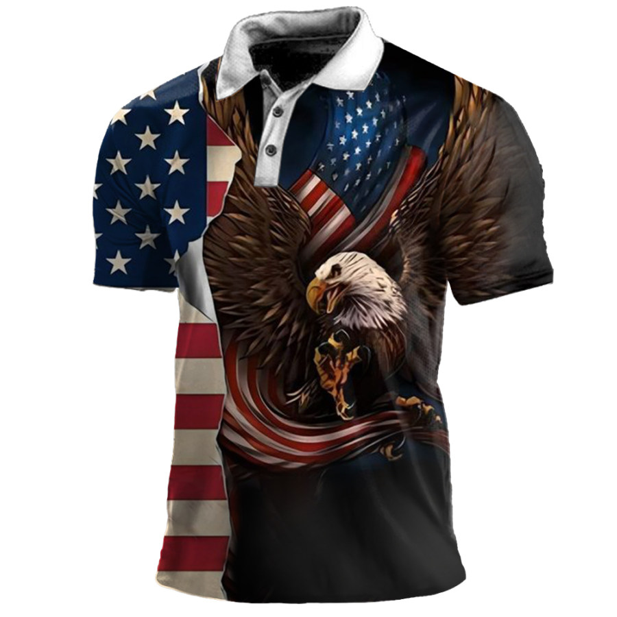 

Camiseta Masculina Vintage Bandeira Americana Com Estampa De águia Gola Polo