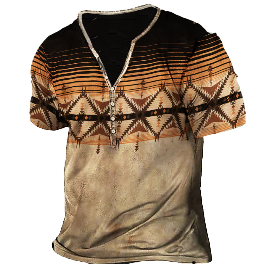 

T-shirt Henley Stampata In Stile Retrò Occidentale Casual Da Esterno Da Uomo