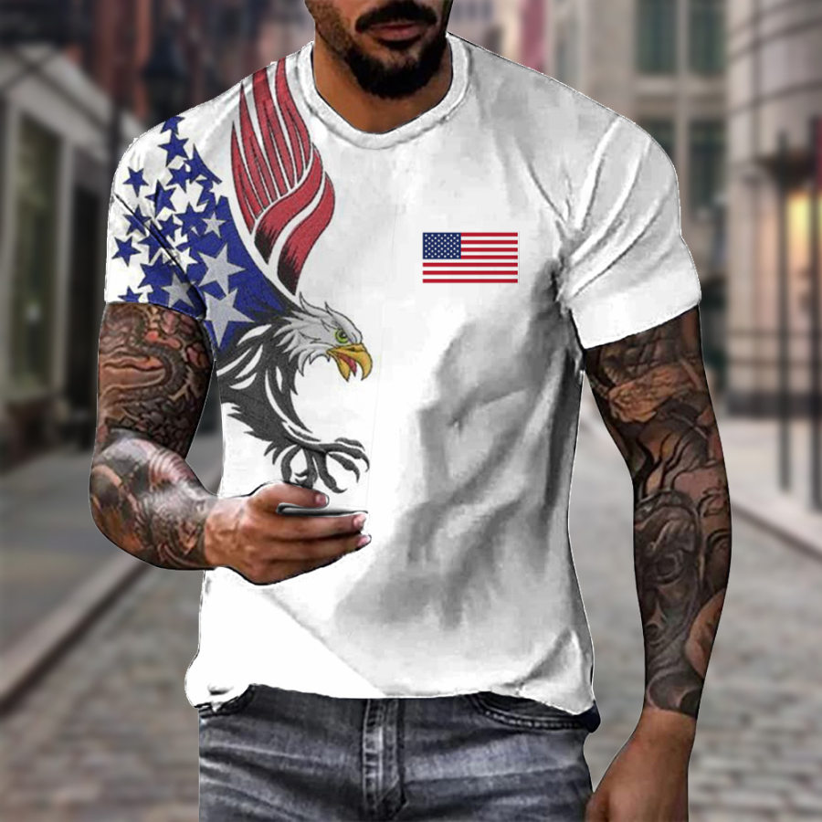 

T-shirt Girocollo Da Uomo Vintage Con Stampa Aquila Bandiera Americana