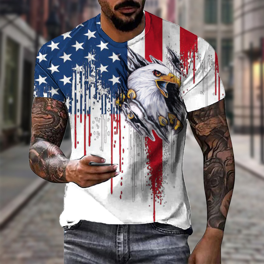 

T-shirt Col Rond à Imprimé Aigle Drapeau Américain Vintage Pour Homme