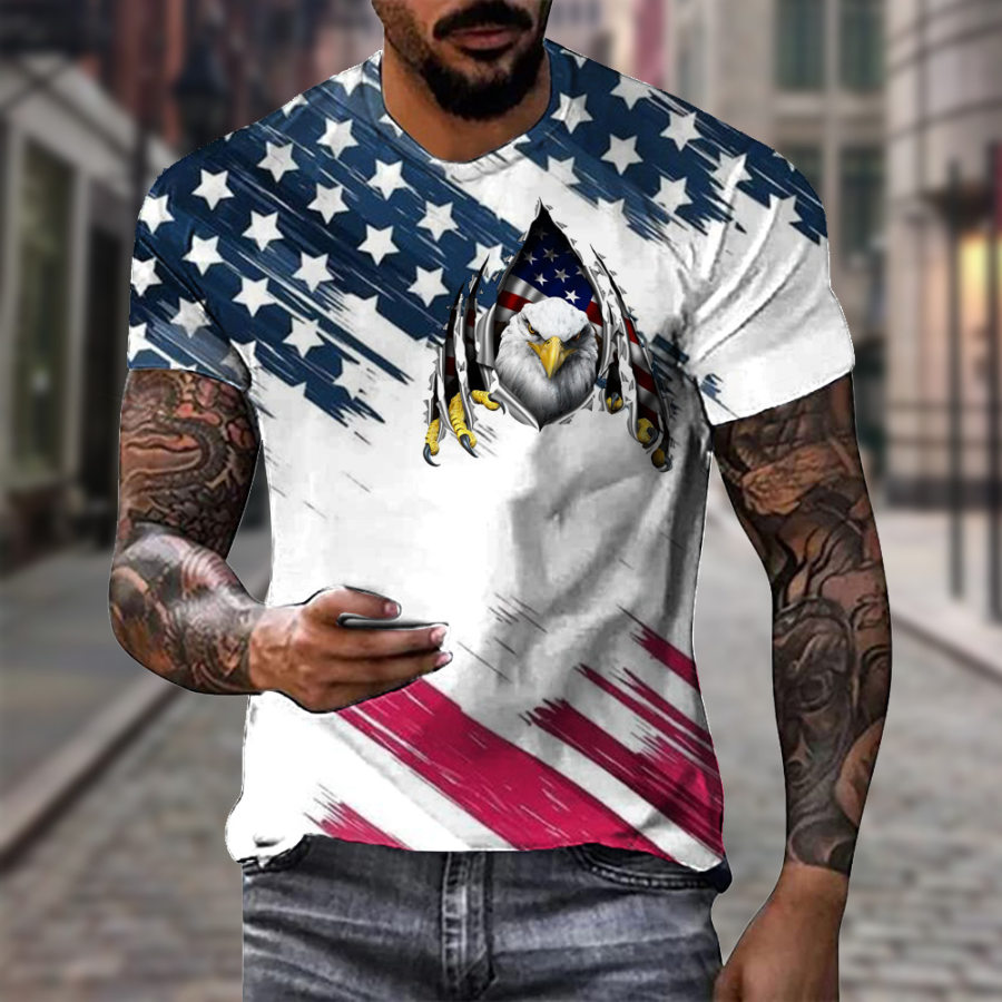 

T-shirt Girocollo Da Uomo Vintage Con Stampa Aquila Bandiera Americana