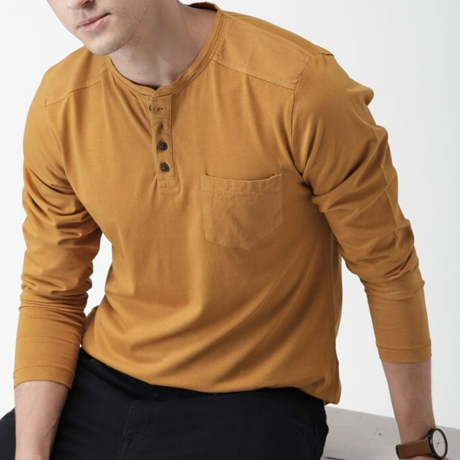 

Top A Maniche Lunghe Casual Da Uomo Con Colletto Henley Tinta Unita