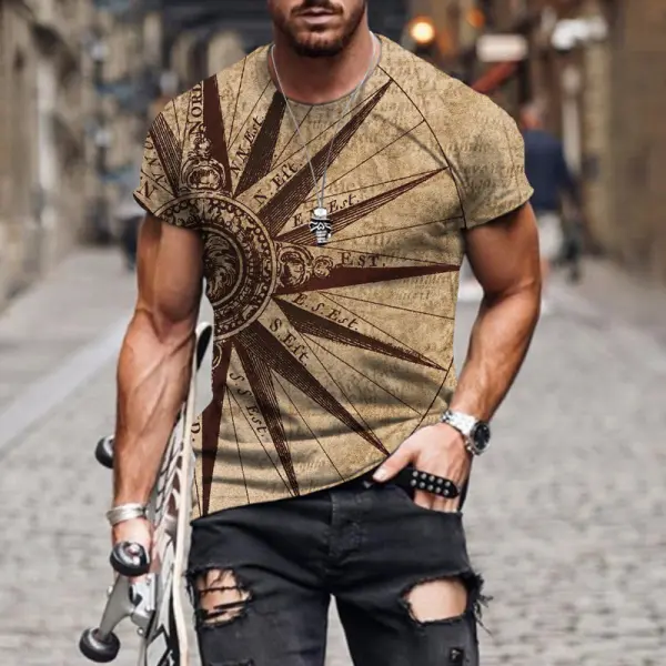 Men's Outdoor Casual Retro Compass Compass 3D Printing T-Shirt - Kalesafe.com 