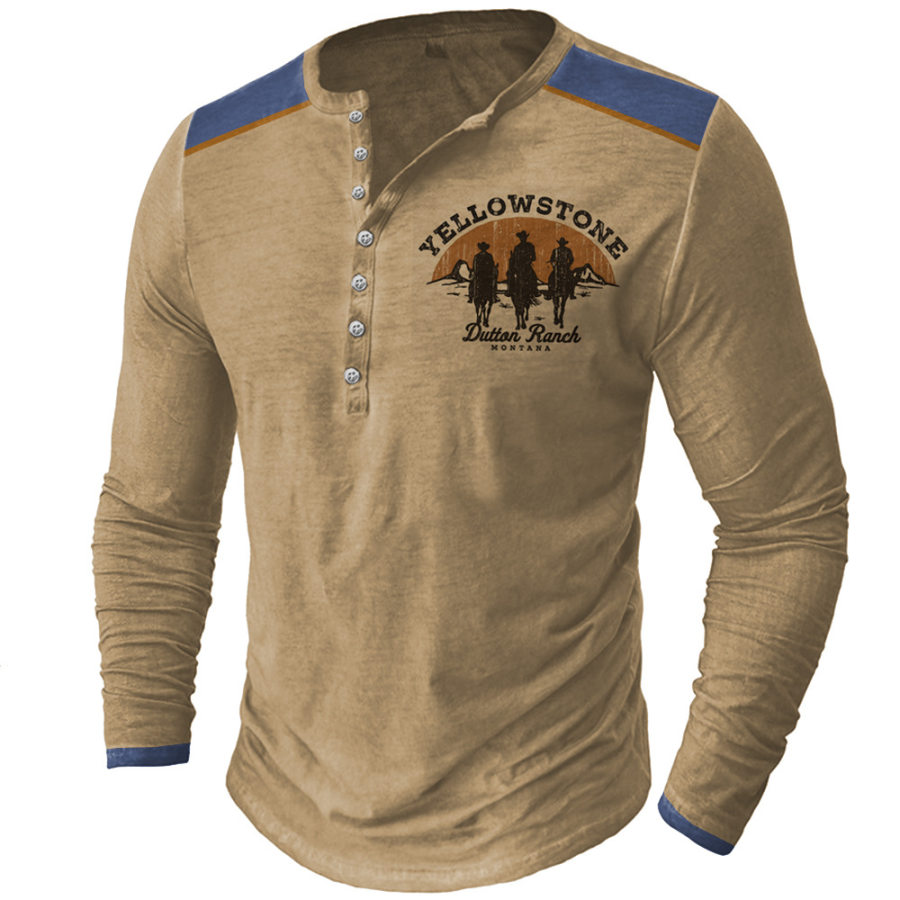 

Men's Vintage Western Cowboy Yellowstone Henley Collar Long Sleeve T-Shirt